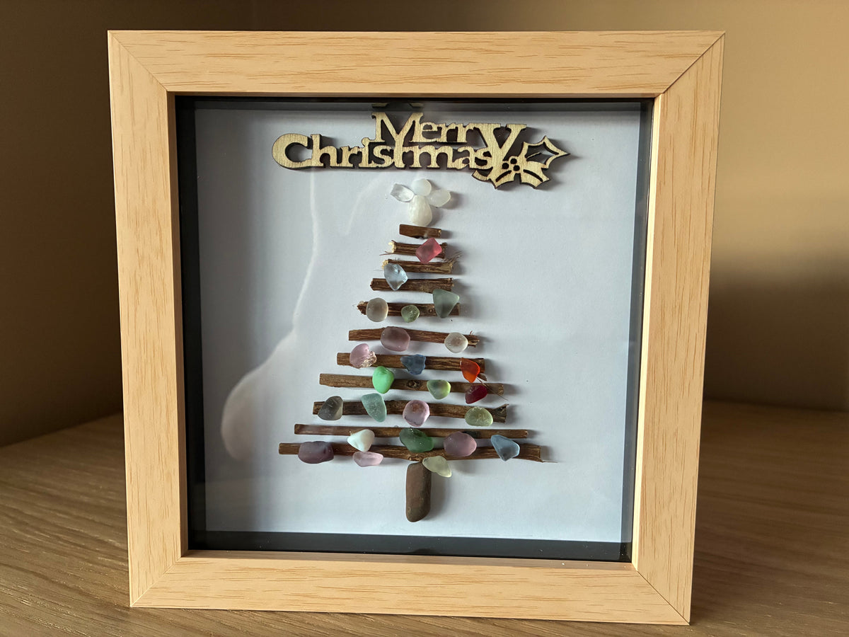 Merry Christmas pebble art with robins in a grey frame