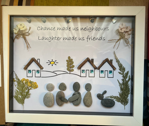 Handmade neighbour friendship pebble art frame with pressed flowers, twig houses and heartfelt sentiment