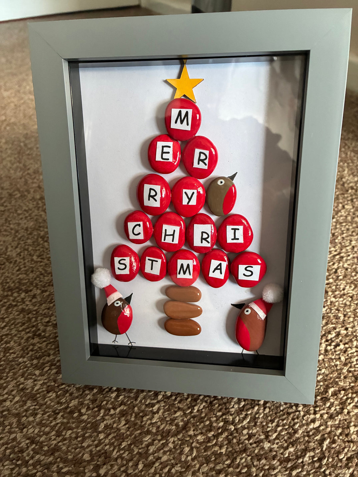 Merry Christmas letter pebble tree art frame with robins in Santa hats