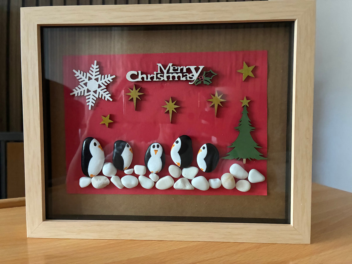 Penguin Parade Christmas Pebble Art Frame