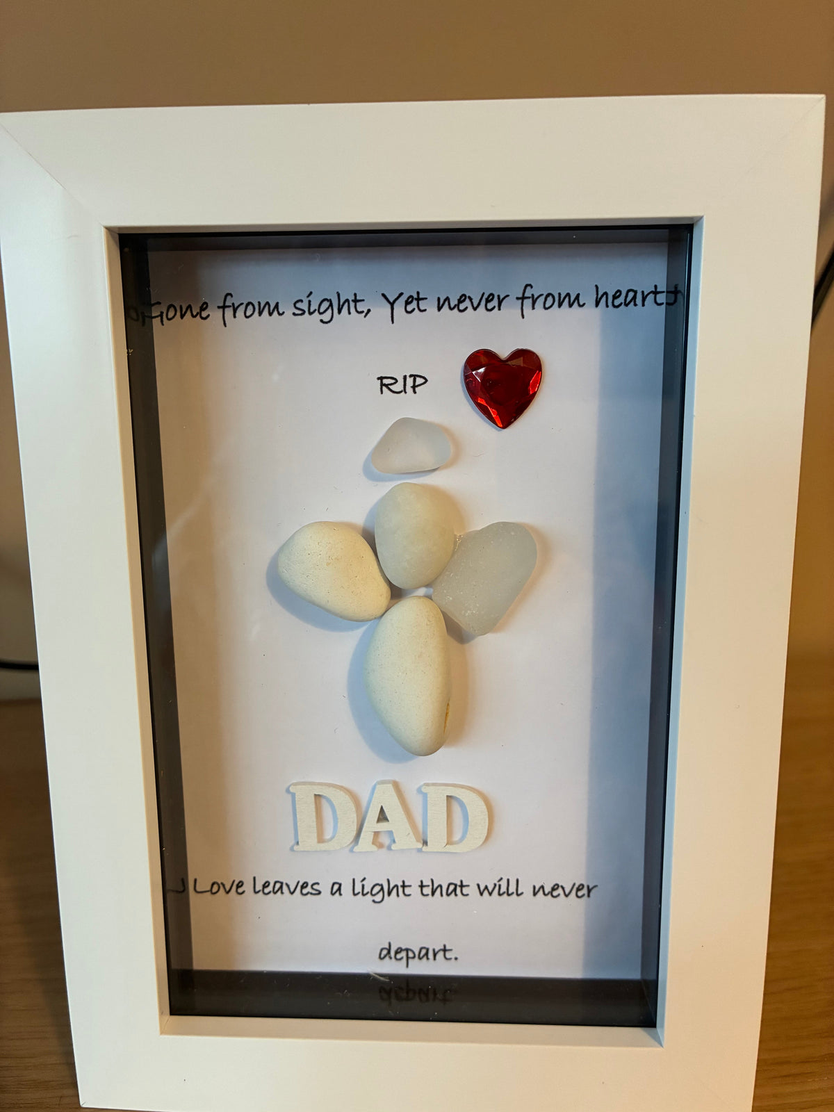 Handmade memorial pebble art frame for Dad with heartfelt sentiment and red gem heart