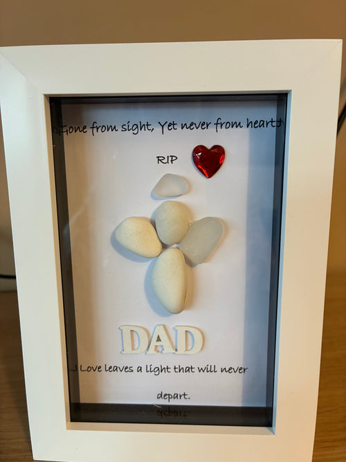 Handmade memorial pebble art frame for Dad with heartfelt sentiment and red gem heart