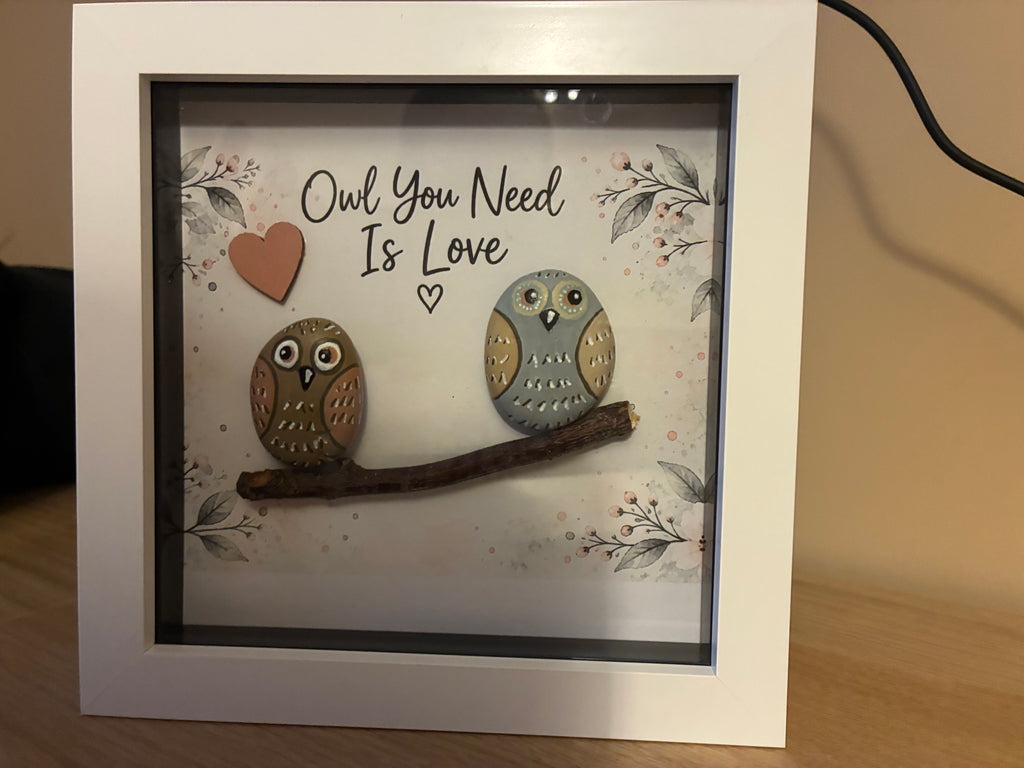 Owl You Need Is Love handmade pebble art shadow box frame with two painted owl stones on a driftwood branch