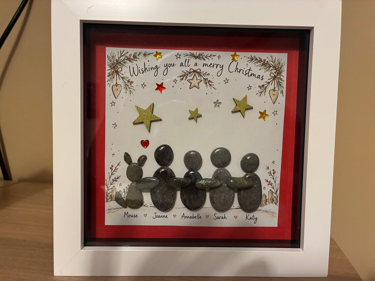 Personalised Christmas pebble art family frame with names Mouse, Joanne, Annabelle, Sarah and Katy